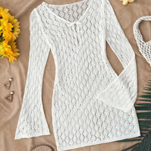 (White, 13Y) White Hollow V-Neck Knit Crochet Top | Versatile Resort Piece, Loose Fit, Summer Vacation Cover Up for Swimwear,