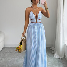 (Light Blue, 12/14) Women's Clothing - Summer Elegant and Sexy Vacation Date Dress, Striped Color-Block Hemmed Wrap-Front Waist-Cinching