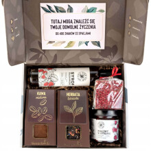 Gaveæske med te, kaffe, chokolade, sirup og hindbær i sirup