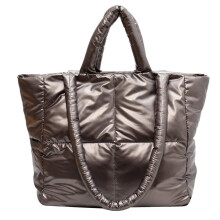 (Champagne) Women's Large Puffer Tote Bag with Multiple Pockets - Soft Down Cotton Quilted Top-Handle Shoulder Bag with Zipper (Silver)