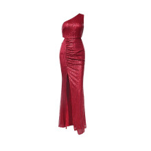 (XS, Wine red) White One Shoulder Long Sequin Mermaid Prom Dress for Women