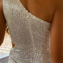 (S, Champagne) White One Shoulder Long Sequin Mermaid Prom Dress for Women