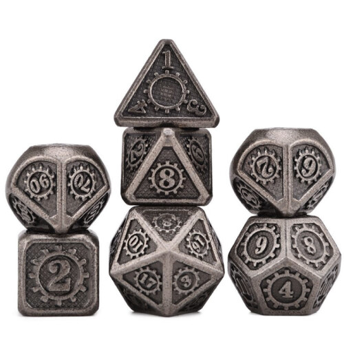 Steampunk RPG terningsæt med 7 metalterninger