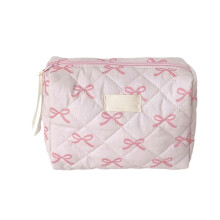 (pink bow) Bowknot Print Makeup Storage Bag Polyester Toiletry Organizer Travel Handbag for Organizing Cosmetics and Skincare