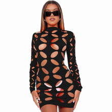 (M, Black) Sexy See Through Dress Mesh Patchwork Bodycon Dresses Women Plain Color Long Sleeve Hollowed Out Clubwear Mini Dress  Red XL