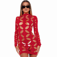 (S, Red) Sexy See Through Dress Mesh Patchwork Bodycon Dresses Women Plain Color Long Sleeve Hollowed Out Clubwear Mini Dress  Red XL
