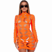 (S, orange) Sexy See Through Dress Mesh Patchwork Bodycon Dresses Women Plain Color Long Sleeve Hollowed Out Clubwear Mini Dress  Red XL