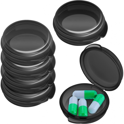 6Pcs Small Pill Case Travel Pill Container Clear Mini Organizer Box Round Black Pill