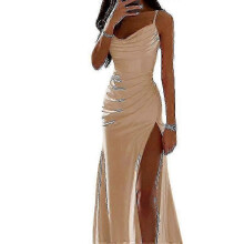 (3XL, Apricot) Women Long Maxi Dresses Cowl Neck Evening Gown Sleeveless Satin Slip Dress Party Casual-d