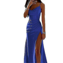 (3XL, Blue) Women Long Maxi Dresses Cowl Neck Evening Gown Sleeveless Satin Slip Dress Party Casual-d