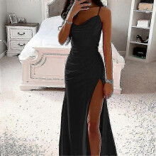 (2XL, Black) Women Long Maxi Dresses Cowl Neck Evening Gown Sleeveless Satin Slip Dress Party Casual-d