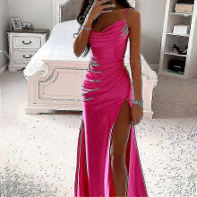 (L, Rose Red) Women Long Maxi Dresses Cowl Neck Evening Gown Sleeveless Satin Slip Dress Party Casual-d