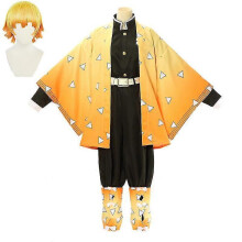 (S, With wig) Japanese Anime Kimono Uniform Agatsuma Zenitsu Cosplay Costume Halloween Party Costume for Adult