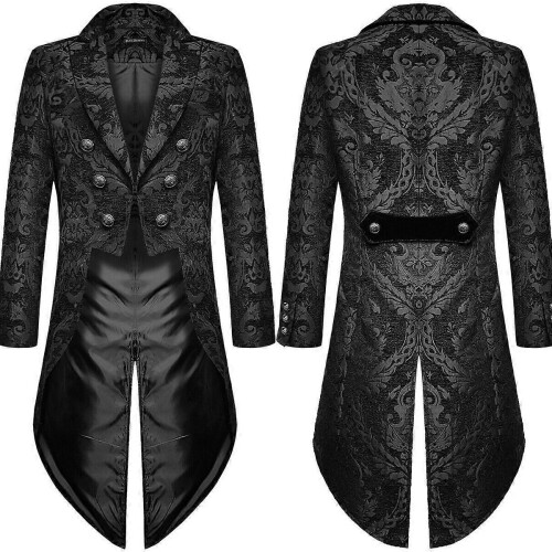 (S, Black) Mens Gothic Steampunk Tailcoat Jacket Black Brocade Damask Wedding