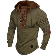 (3XL, Army Green) Men Spring Fall Hoodie Pleated Shoulder Colorblock Drawstring Hooded Top Retro Lace-up Long Sleeve Pullover