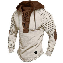 (L, Khaki) Men Spring Fall Hoodie Pleated Shoulder Colorblock Drawstring Hooded Top Retro Lace-up Long Sleeve Pullover