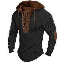 (L, Black) Men Spring Fall Hoodie Pleated Shoulder Colorblock Drawstring Hooded Top Retro Lace-up Long Sleeve Pullover