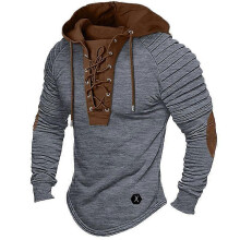 (M, Grey) Men Spring Fall Hoodie Pleated Shoulder Colorblock Drawstring Hooded Top Retro Lace-up Long Sleeve Pullover