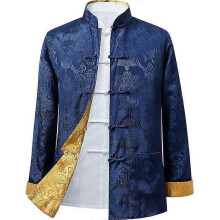 (M, Blue and yellow) Men Chinese Dragon Kung Fu Coat Tang Suit Jacket Traditional Chinese Clothing
