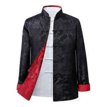(XXL, Black and red) Men Chinese Dragon Kung Fu Coat Tang Suit Jacket Traditional Chinese Clothing