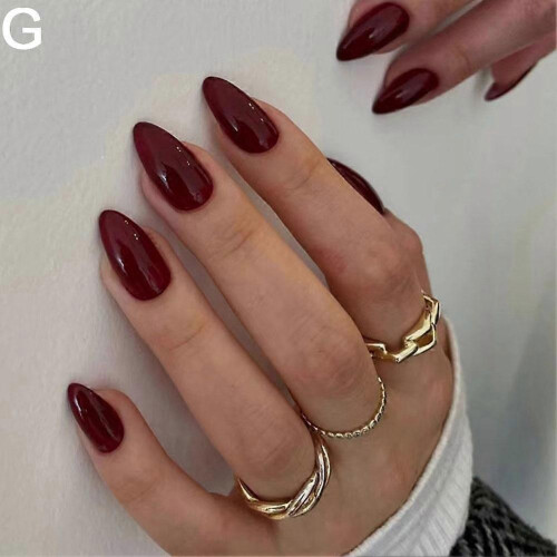 (Style 7) 24pcs Wine Red False Nails, Medium Almond Full Cover Acrylic Press On Nails