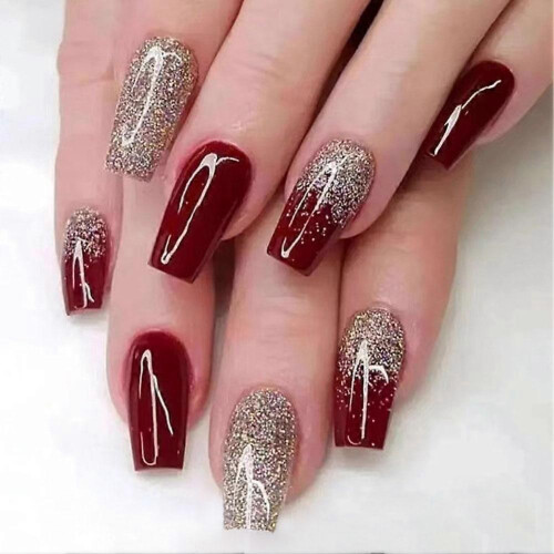 (Style 6) 24pcs Wine Red False Nails, Medium Almond Full Cover Acrylic Press On Nails
