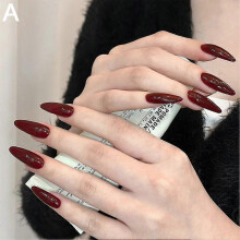 (Style 1) 24pcs Wine Red False Nails, Medium Almond Full Cover Acrylic Press On Nails