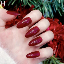 (Style 8) 24pcs Wine Red False Nails, Medium Almond Full Cover Acrylic Press On Nails