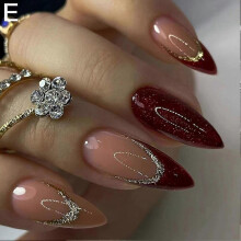 (Style 5) 24pcs Wine Red False Nails, Medium Almond Full Cover Acrylic Press On Nails