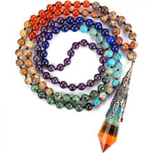 Schmuck-Mala-Kette mit 108 Perlen, 7-Chakra-Heilarmband mit sechseckigem Spitzenanhänger und Chakra-Steinen für Reiki und