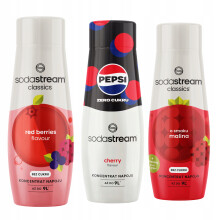 Sæt med 3 Sodastream Sirupper Skovfrugter + Pepsi Max Kirsebær + Hindbær Zero