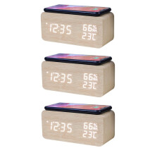 2X Digital Alarm Clock, Temperature and Humidity Alarm Clock LED Electronic Clock Smartphone Wireless Charger Wood Color