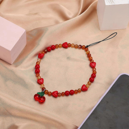 Λουράκι τηλεφώνου Cherry, Κόκκινο με χάντρες, χαριτωμένο κορδόνι κινητο 2