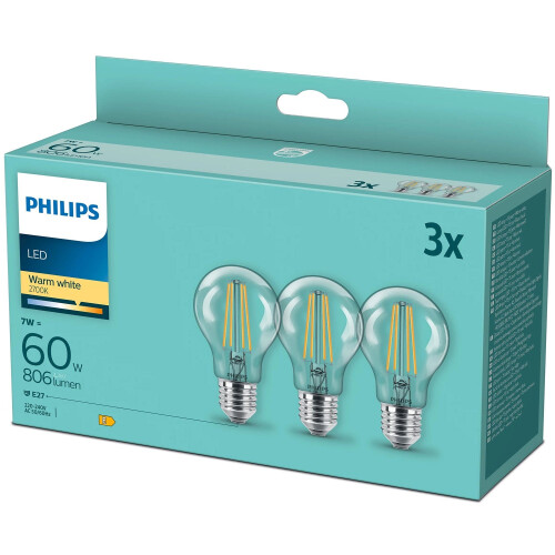 3-paks LED E27 Normal Klar 60W 806lm 1
