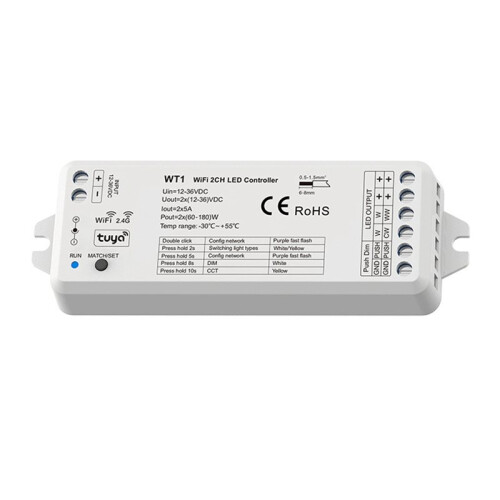 5X TUYA WifI WT1 LED  Dimmer 2CH 12V 24V 36V CCT Kit Controller Dimmer per Strisce LED con Telecomando 2.4G 1