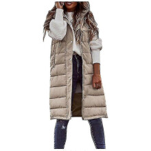 (5X-Large, BEIGE) Womens Long Hooded Warm Jacket Knee Length Down Vest With Hood