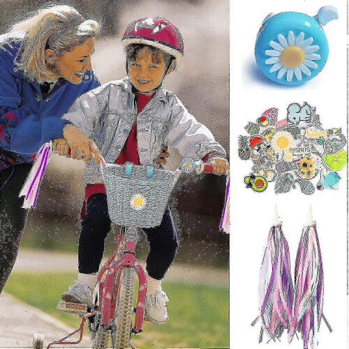 (Blue) Children's Bicycle Front Basket Plastic Woven with Ribbons 1
