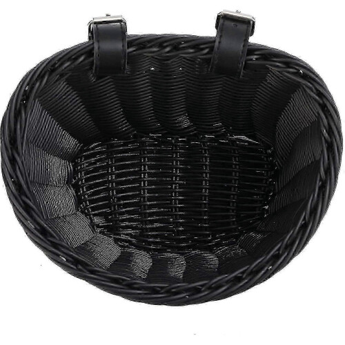(Black) Children's Bicycle Front Basket Plastic Woven with Ribbons 2
