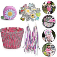 (White) Children's Bicycle Front Basket Plastic Woven with Ribbons