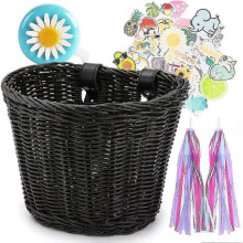 (Black) Children's Bicycle Front Basket Plastic Woven with Ribbons