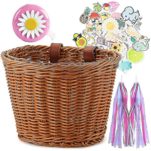 (Brown) Children's Bicycle Front Basket Plastic Woven with Ribbons 1