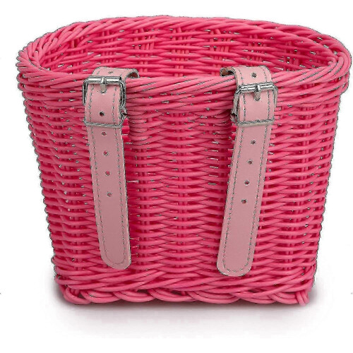 (Pink) Children's Bicycle Front Basket Plastic Woven with Ribbons 2