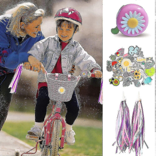 (Pink) Children's Bicycle Front Basket Plastic Woven with Ribbons 1