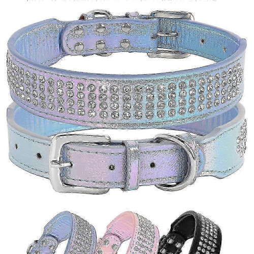 (L, Black) Rhinestone Diamonds Leather Dog Collar Bling Adjustable for Medium Large Pets X