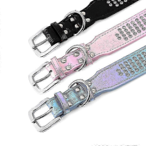 (L, Black) Rhinestone Diamonds Leather Dog Collar Bling Adjustable for Medium Large Pets X 2