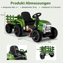 12V kindertractor met afneembare aanhanger en afstandsbediening elektrische speelgoedauto groen