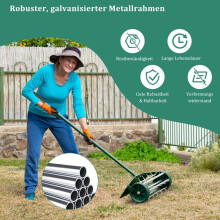 Gazonbeluchterrol gazonrol met handvat & 3cm spijkers & spatbescherming 46 x 23 x 127 cm donkergroen en zilver