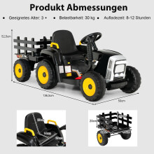 12V kindertractor met afneembare aanhanger en afstandsbediening elektrische speelgoedauto zwart
