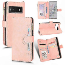 (Pink) Magnetic Flip Case with Card Slots and Strap for Pixel 6a, PU Leather Handbag Style Cover