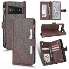 (Brown) Magnetic Flip Case with Card Slots and Strap for Pixel 6a, PU Leather Handbag Style Cover